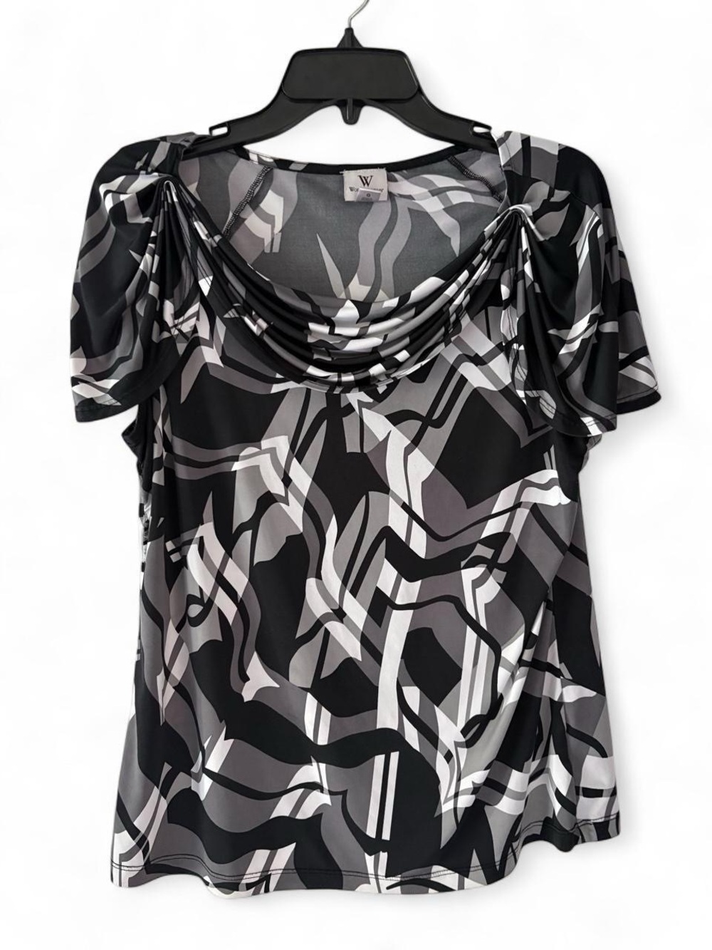 Worthington Black & Gray Abstract Cowl Neck Short Sleeve Top